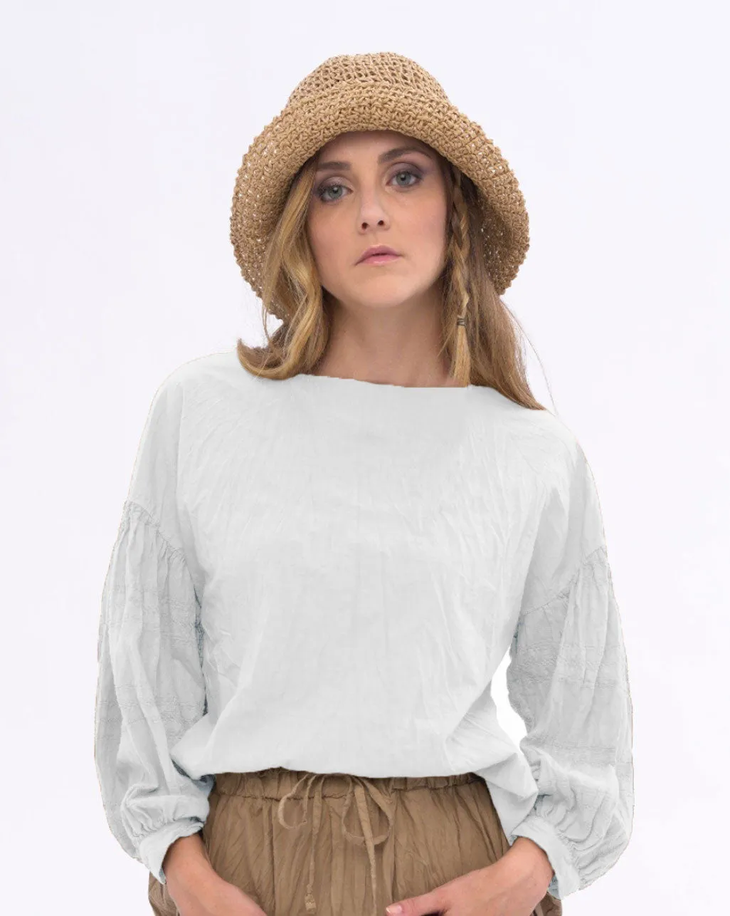 Boat Neck Pleated Crinkled Blouse