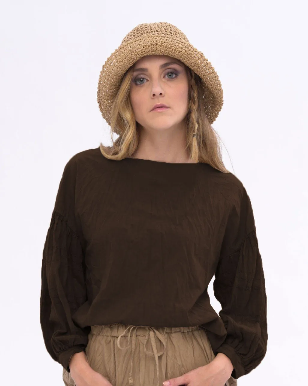 Boat Neck Pleated Crinkled Blouse