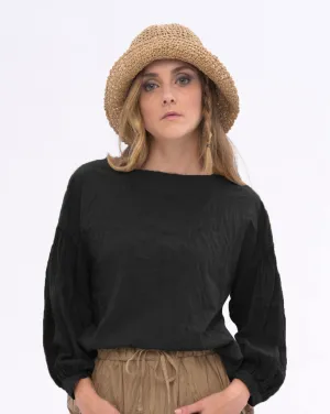 Boat Neck Pleated Crinkled Blouse