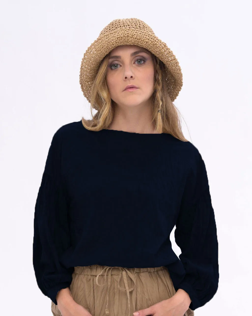 Boat Neck Pleated Crinkled Blouse