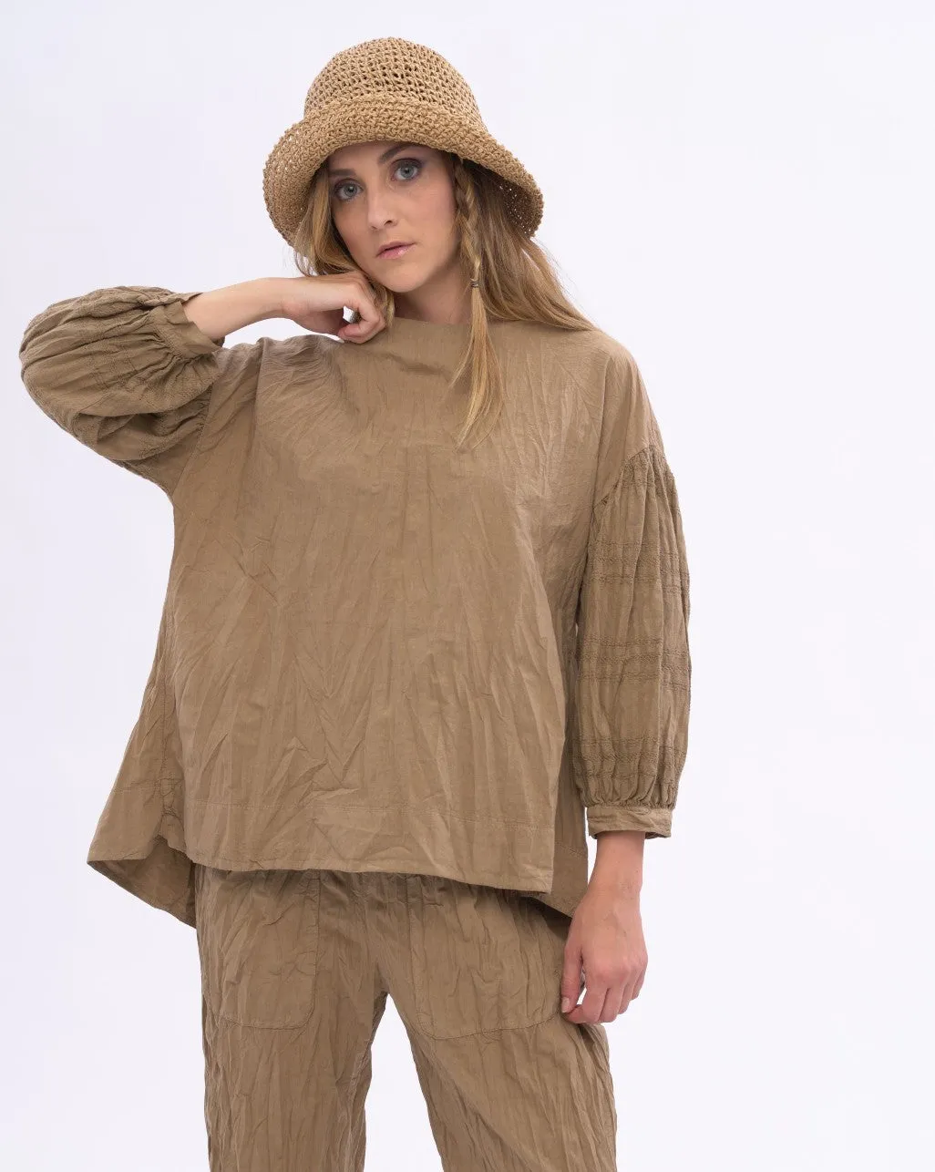 Boat Neck Pleated Crinkled Blouse