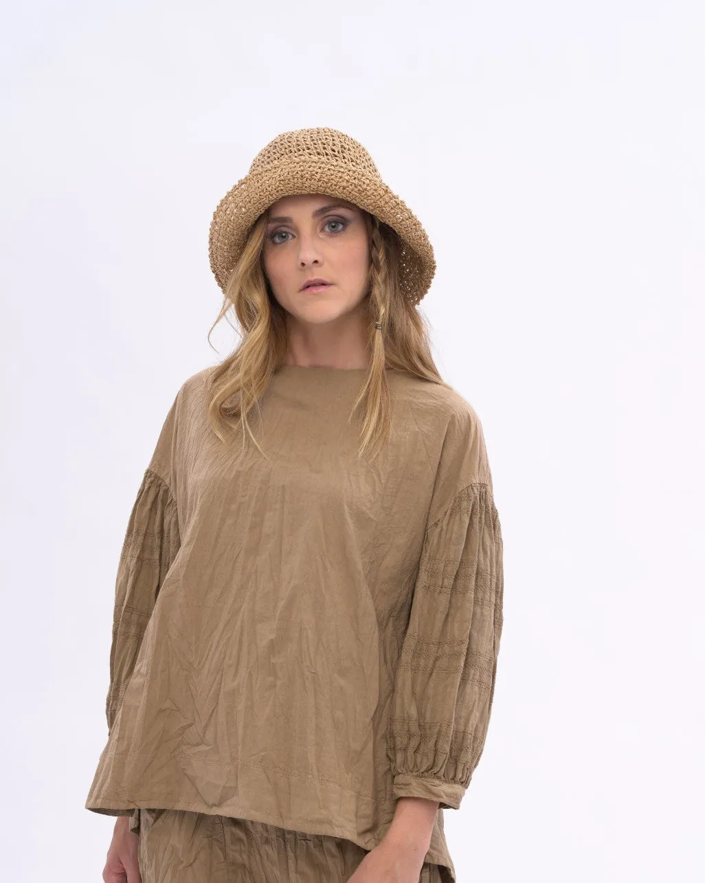 Boat Neck Pleated Crinkled Blouse
