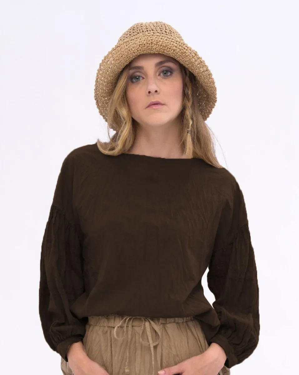 Boat Neck Pleated Crinkled Blouse