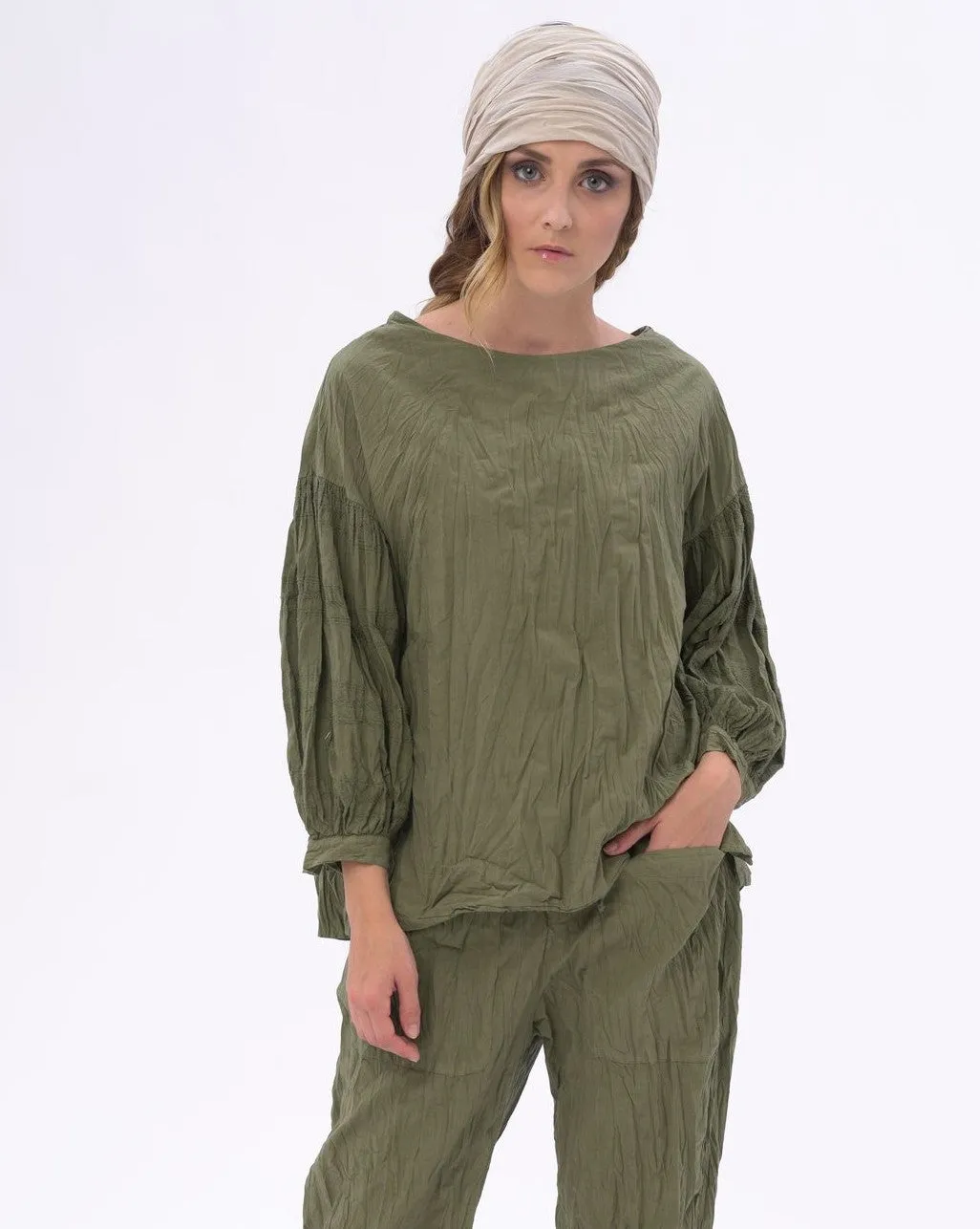 Boat Neck Pleated Crinkled Blouse