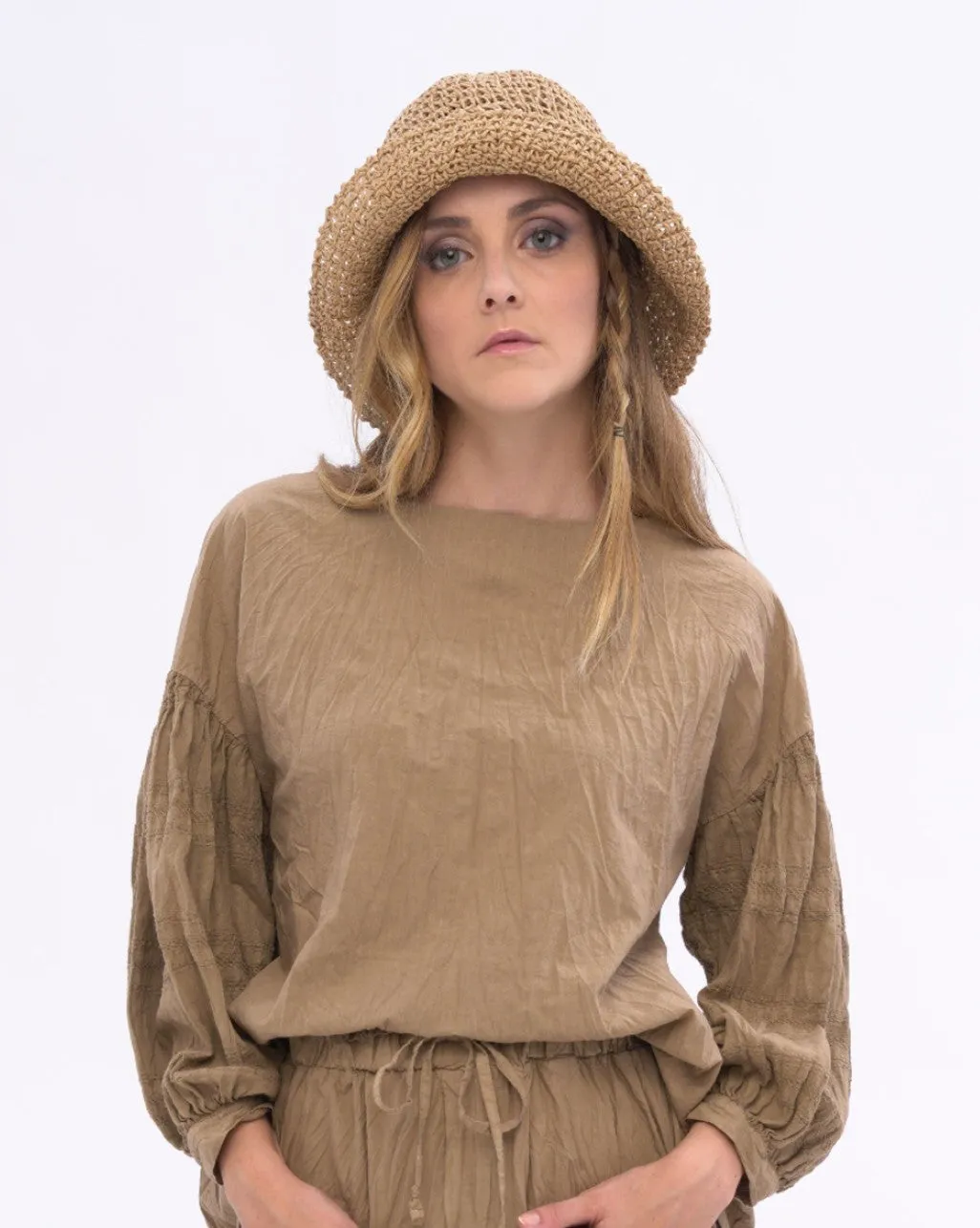 Boat Neck Pleated Crinkled Blouse