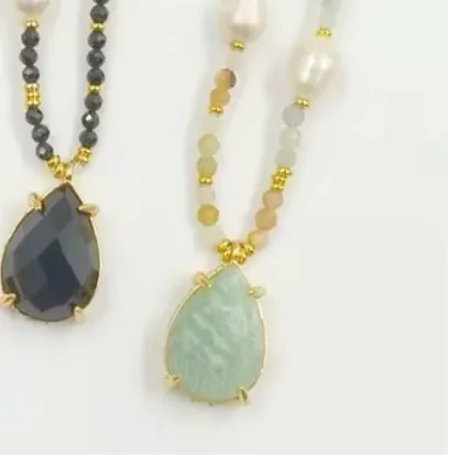 Boho & Mala 16inch Natural Light Blue Stone & Freshwater Pearl Necklace