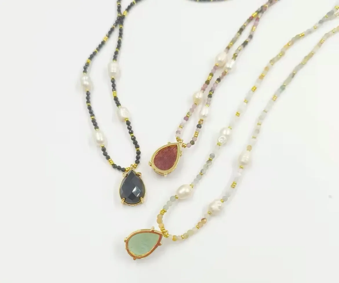 Boho & Mala 16inch Natural Light Blue Stone & Freshwater Pearl Necklace