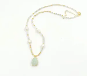 Boho & Mala 16inch Natural Light Blue Stone & Freshwater Pearl Necklace