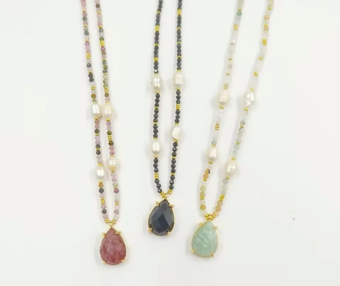 Boho & Mala 16inch Natural Light Blue Stone & Freshwater Pearl Necklace