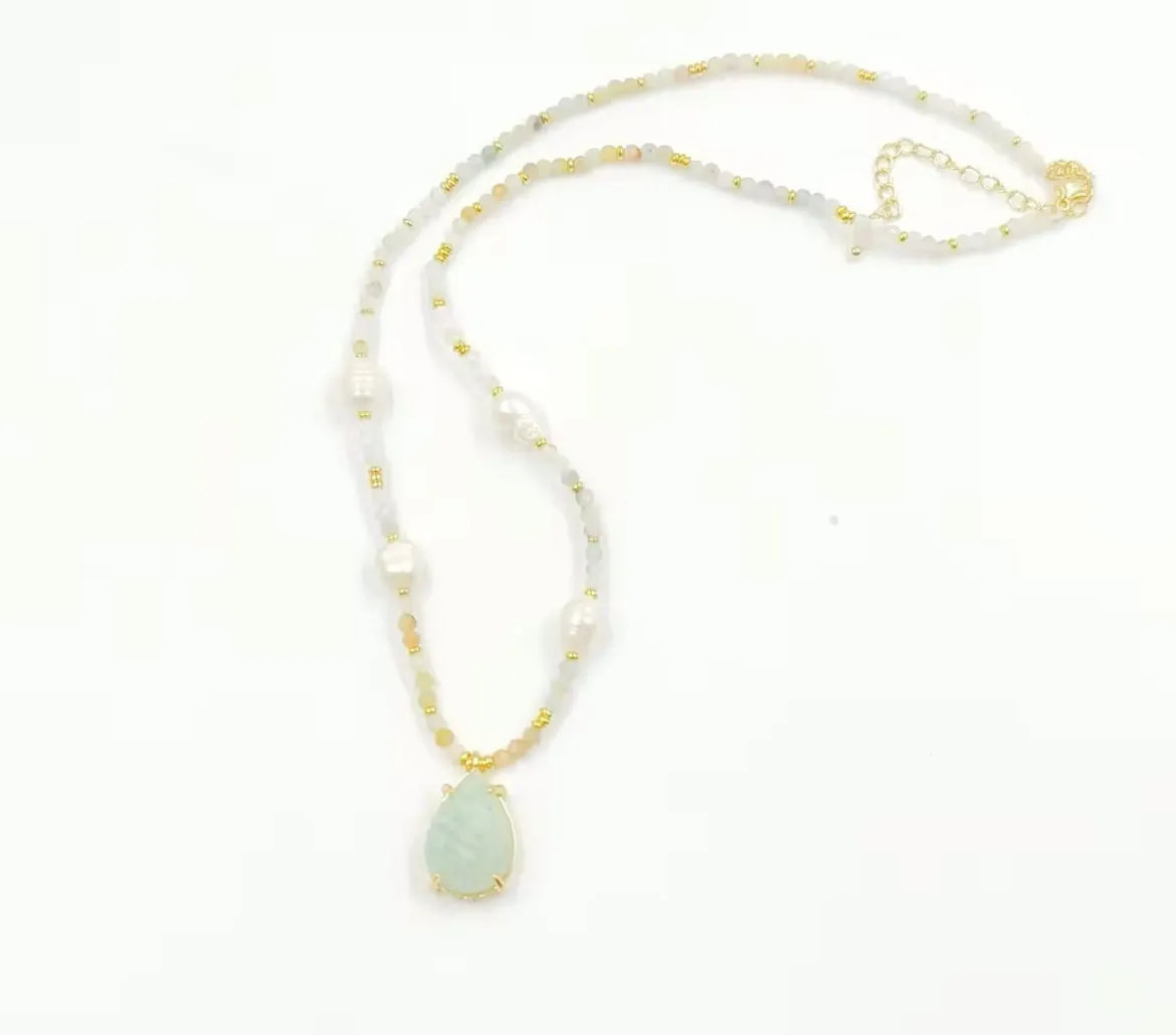 Boho & Mala 16inch Natural Light Blue Stone & Freshwater Pearl Necklace