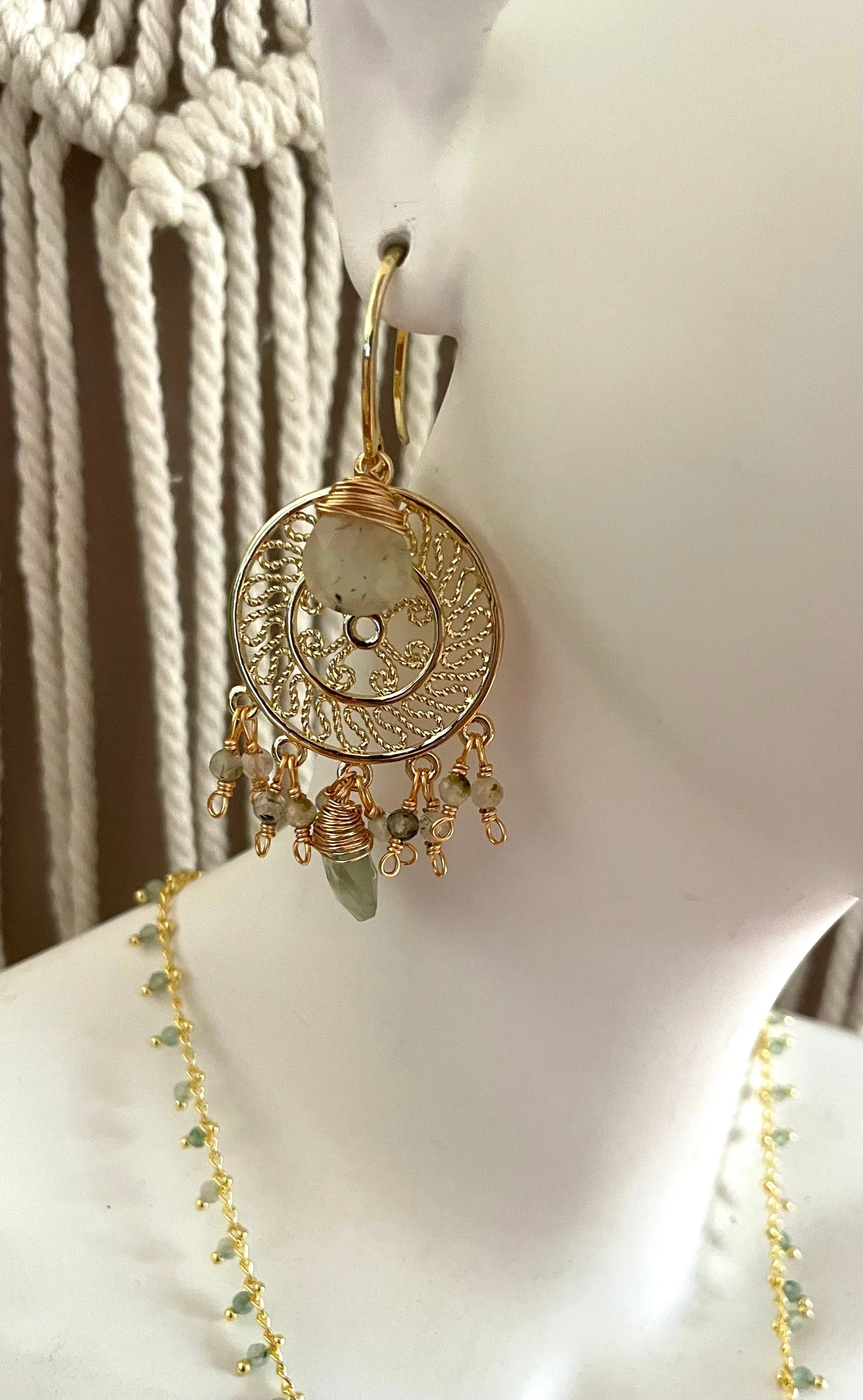 Boho & Mala Bright Green Natural Stone Dreamcatcher Gold Plated Drop Earrings