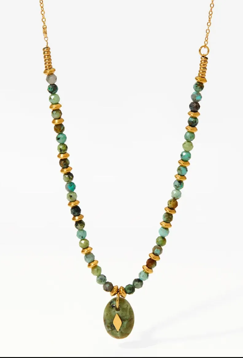 Boho & Mala Green Stone Stainless Steel/18k Gold Plated Pendant Necklace