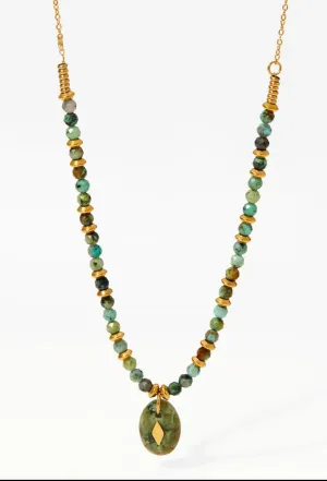 Boho & Mala Green Stone Stainless Steel/18k Gold Plated Pendant Necklace