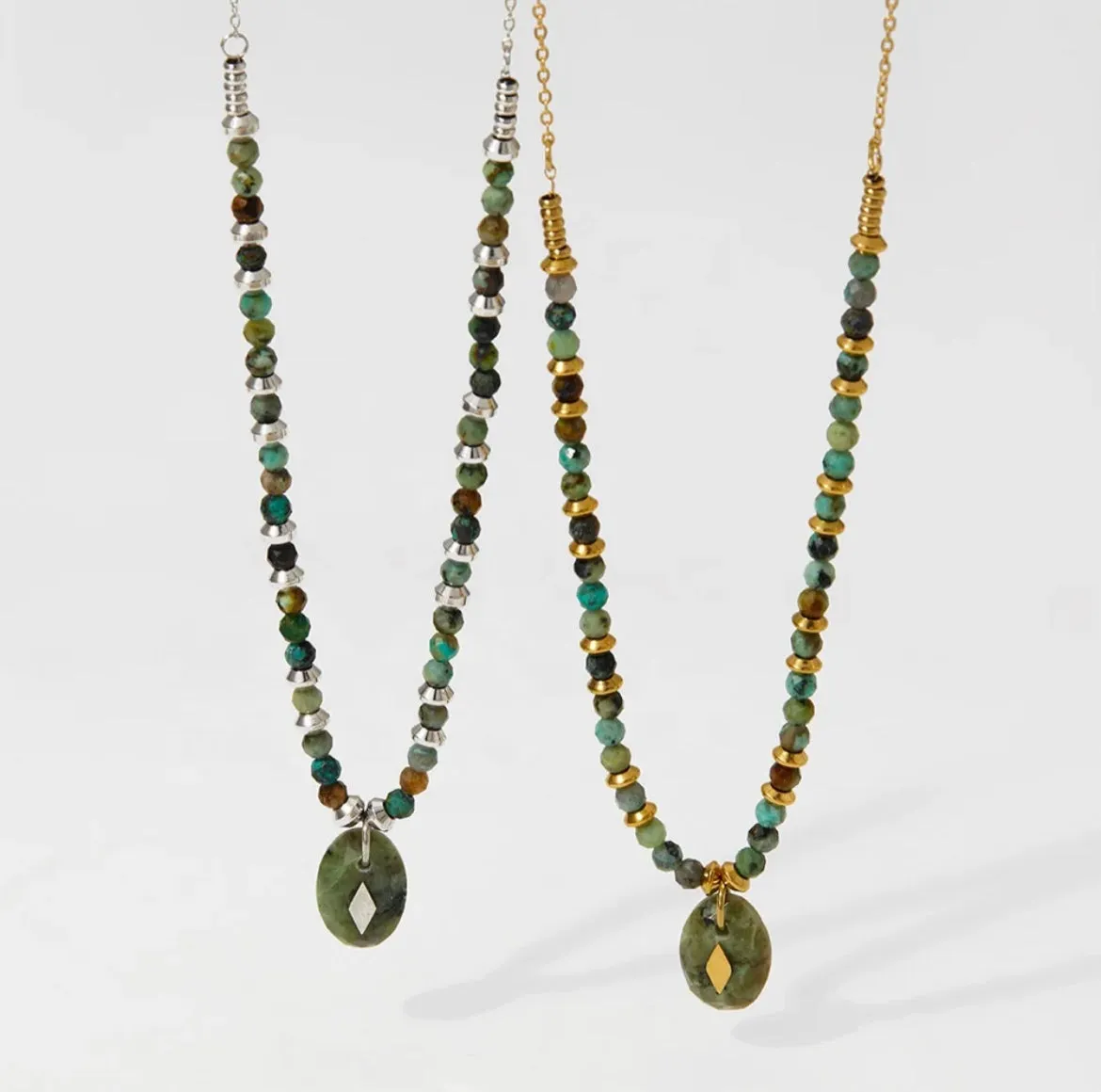 Boho & Mala Green Stone Stainless Steel/18k Gold Plated Pendant Necklace