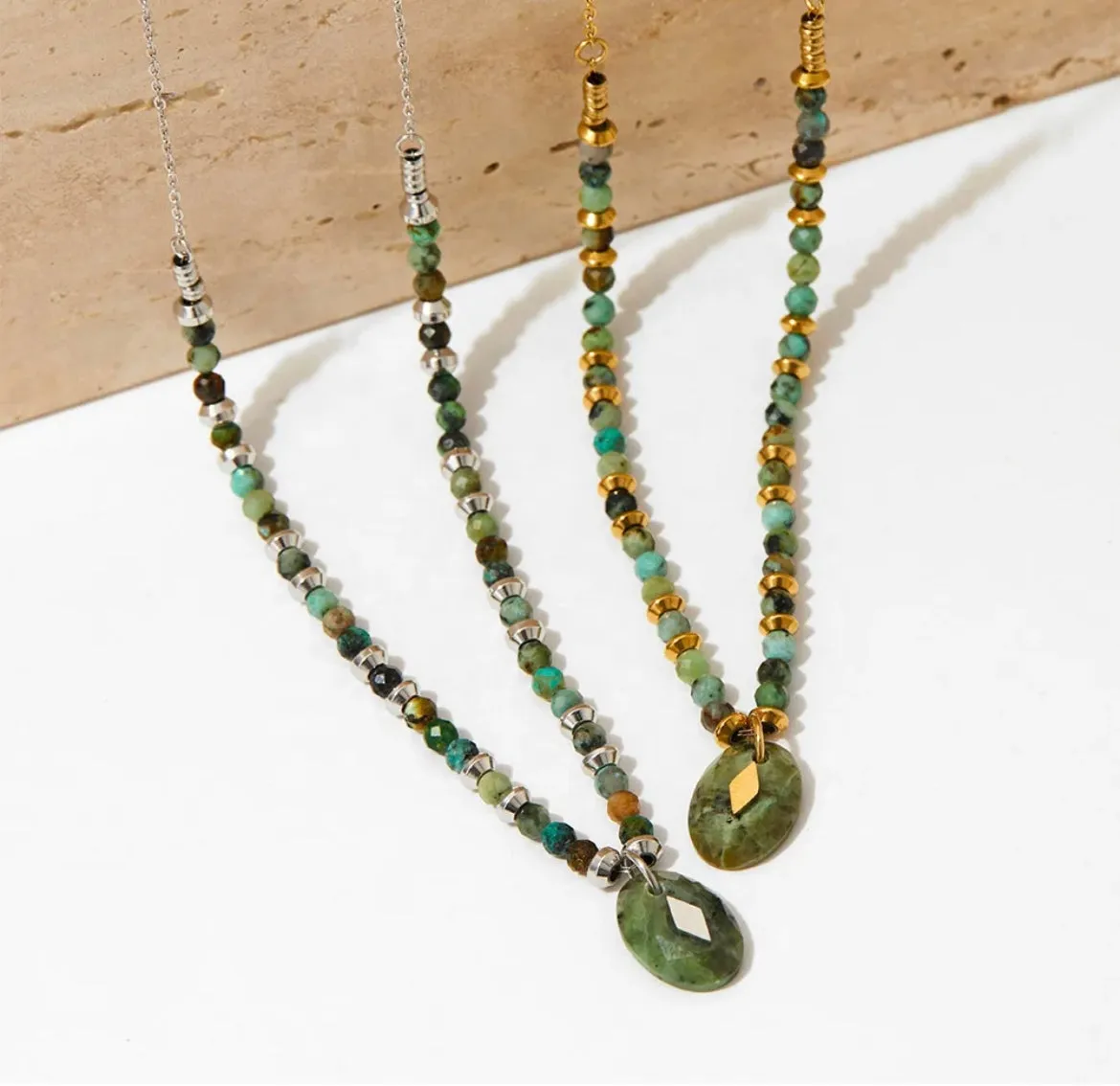 Boho & Mala Green Stone Stainless Steel/18k Gold Plated Pendant Necklace
