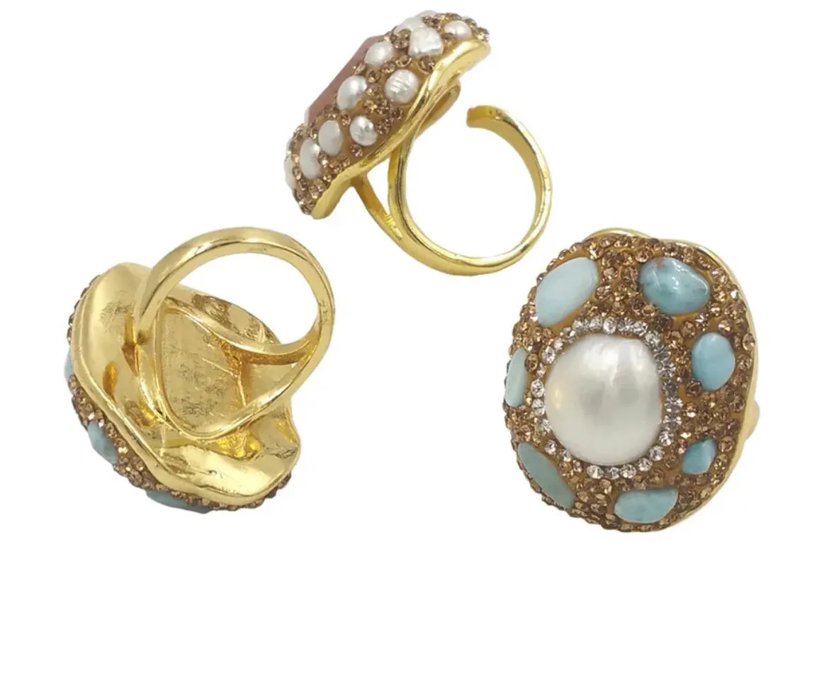 Boho & Mala Natural Mix Stone & Pearl Gold Ring (adjustable from size 7)