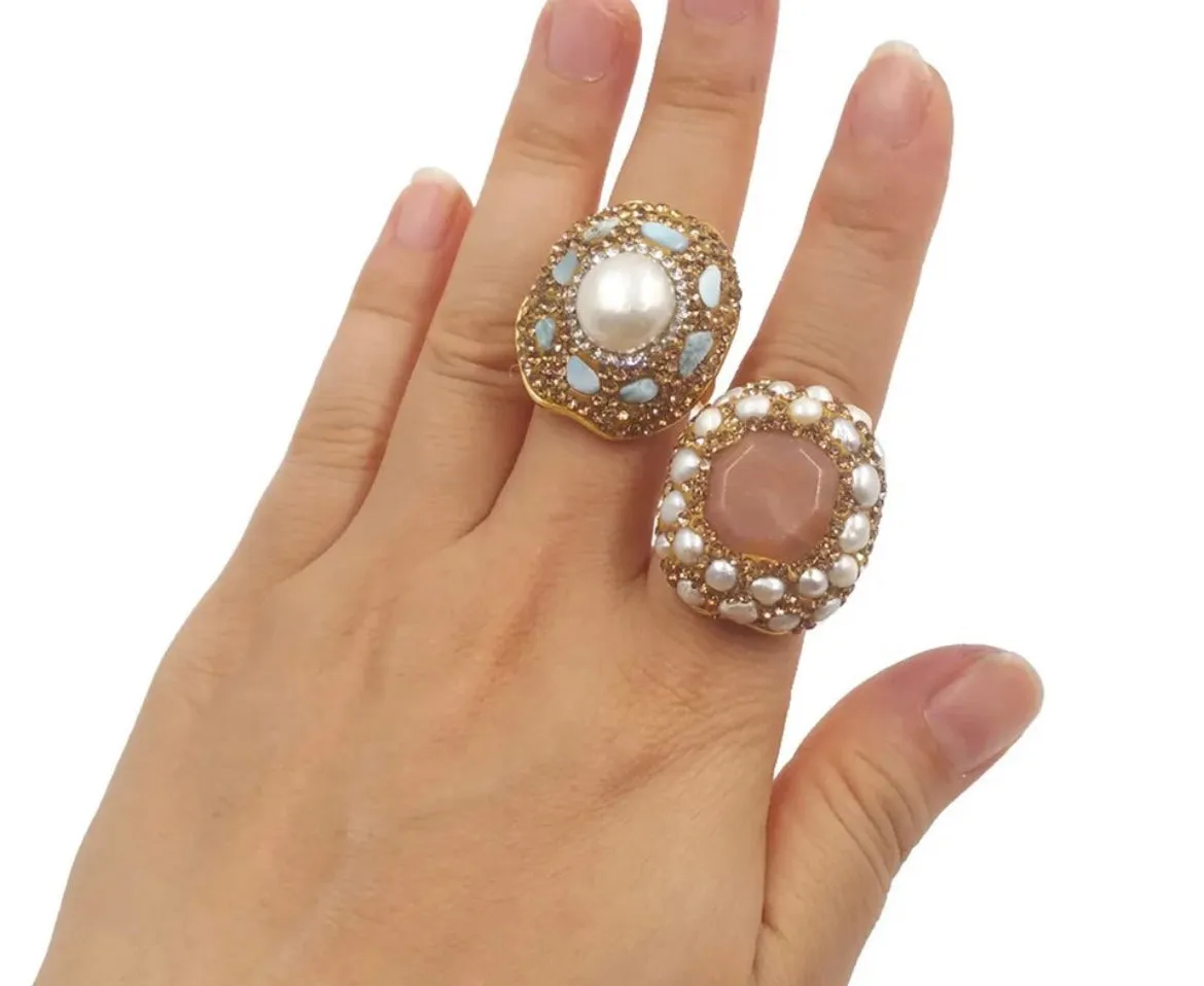 Boho & Mala Natural Mix Stone & Pearl Gold Ring (adjustable from size 7)
