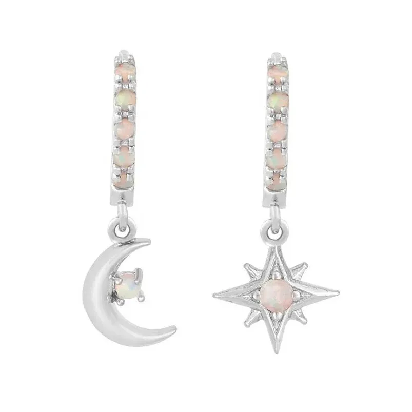 Boho & Mala Opal Star & Moon Sterling Silver Hoop Huggie Earrings