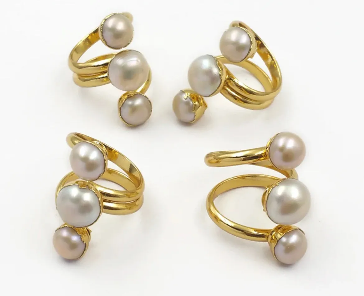 Boho & Mala Triple Freshwater Pearl Wrap Gold Ring (adjustable) R1062
