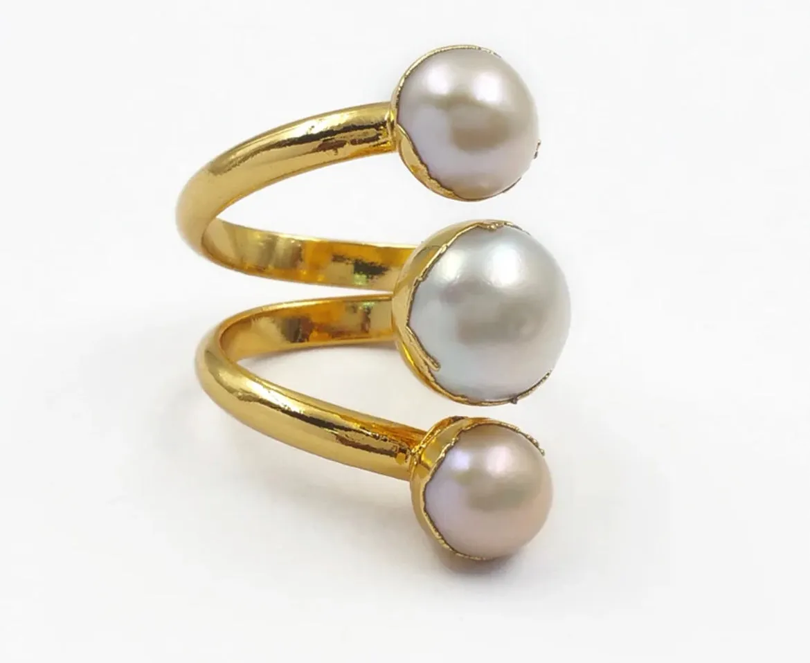 Boho & Mala Triple Freshwater Pearl Wrap Gold Ring (adjustable) R1062