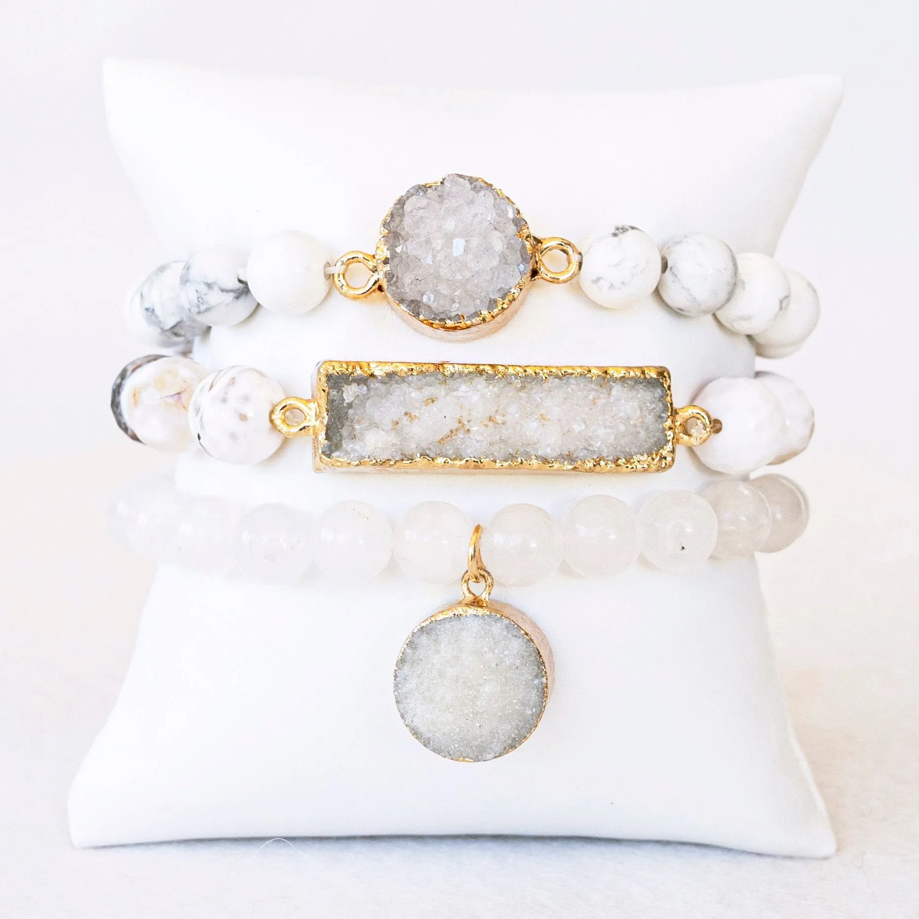 Boho & Mala White Mix Stone Elastic Bracelet Stackable Sets BS1034