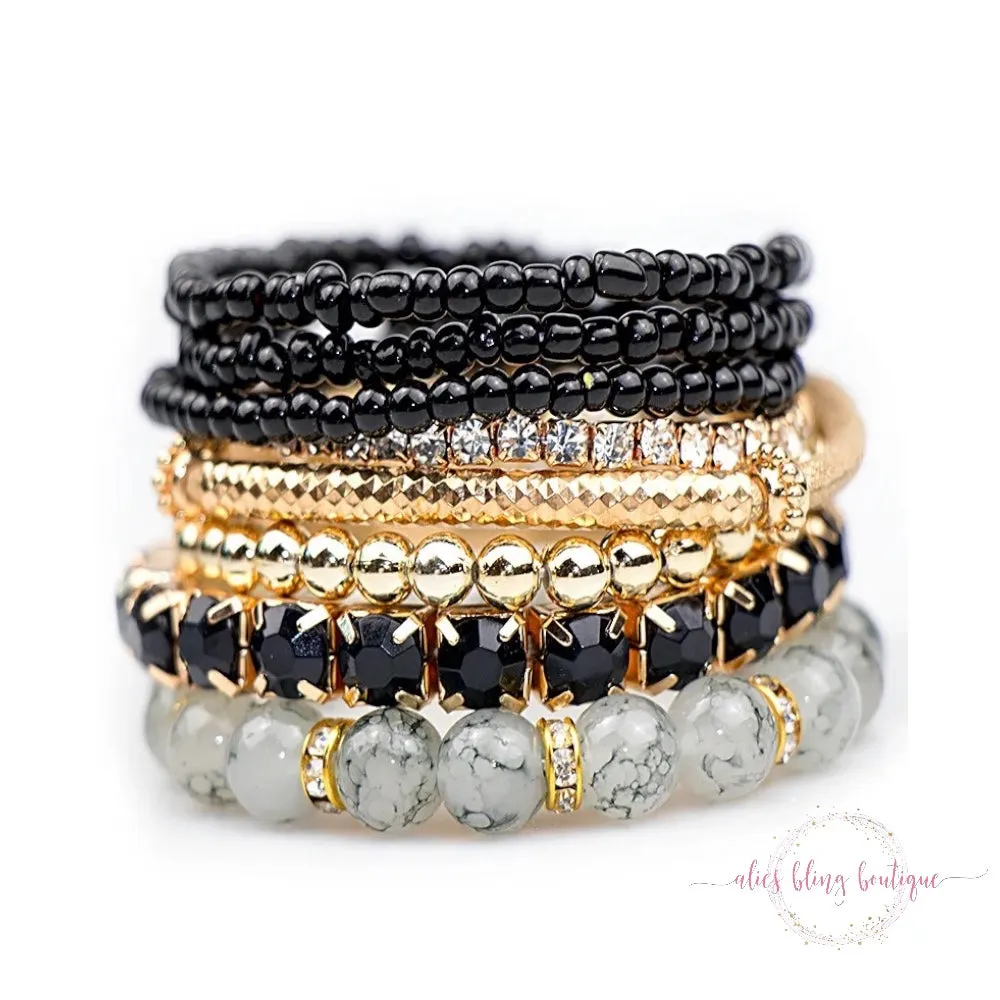 Boho Radiance Bracelet Stack in Black
