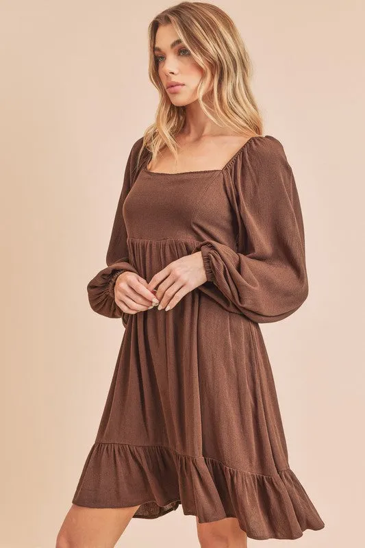 Brown Ruffled Hem Square Neck Balloon Sleeve Mini Dress
