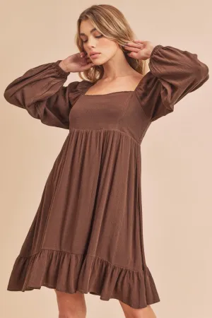 Brown Ruffled Hem Square Neck Balloon Sleeve Mini Dress