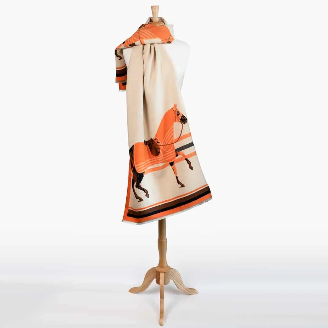 Cali -  Tangerine Equestrian Motif Luxe Shawl