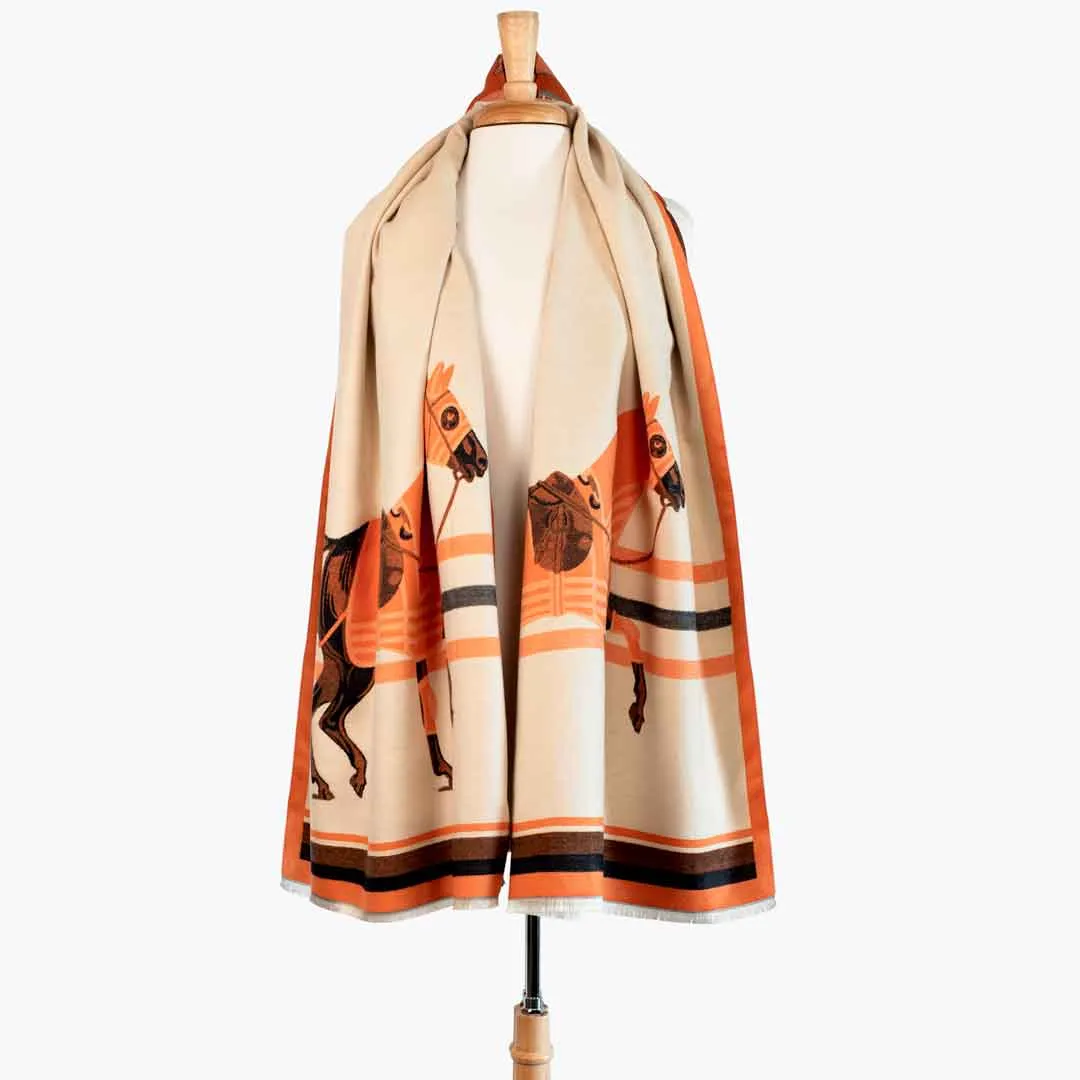 Cali -  Tangerine Equestrian Motif Luxe Shawl