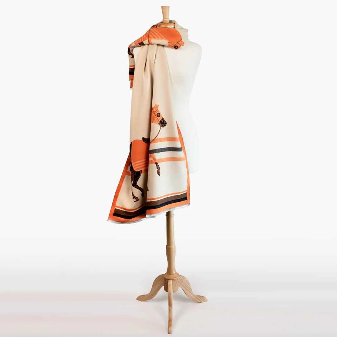 Cali -  Tangerine Equestrian Motif Luxe Shawl