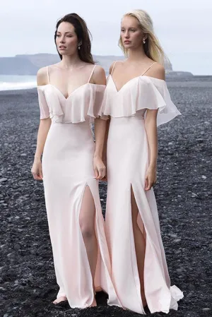 Charming A Line Spaghetti Straps Floor Length Half Sleeves Slit Long Chiffon Bridesmaid Dresses with Ruffles OHS115