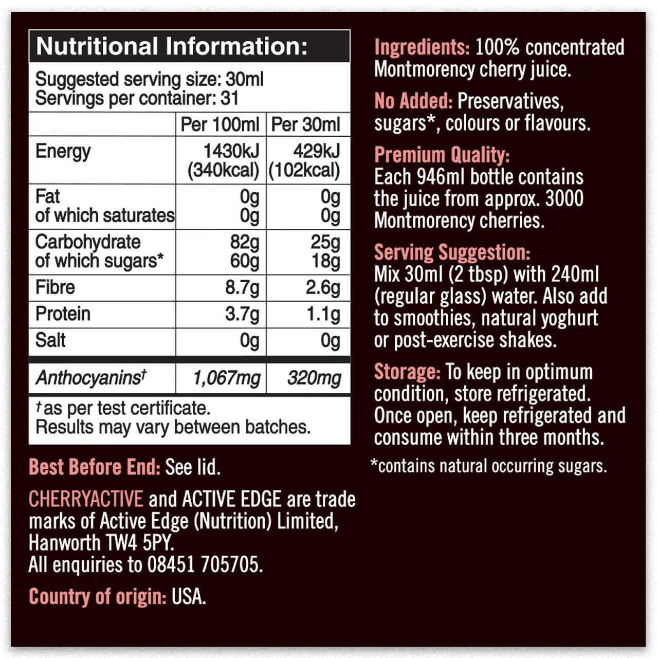 Cherry Active (Rebranded Active Edge) CherryActive 100% Concentrated Montmorency Cherry Juice 946ml