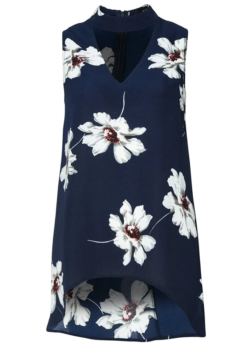 Choker V Neck Printed Sleeveless Top