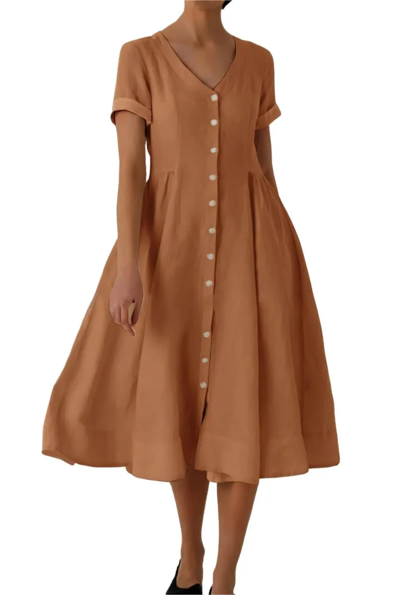Chouyatou Women's Summer Fit and Flare Swing Cotton Dress Casual V-Neck Button Down Beach Midi Dress