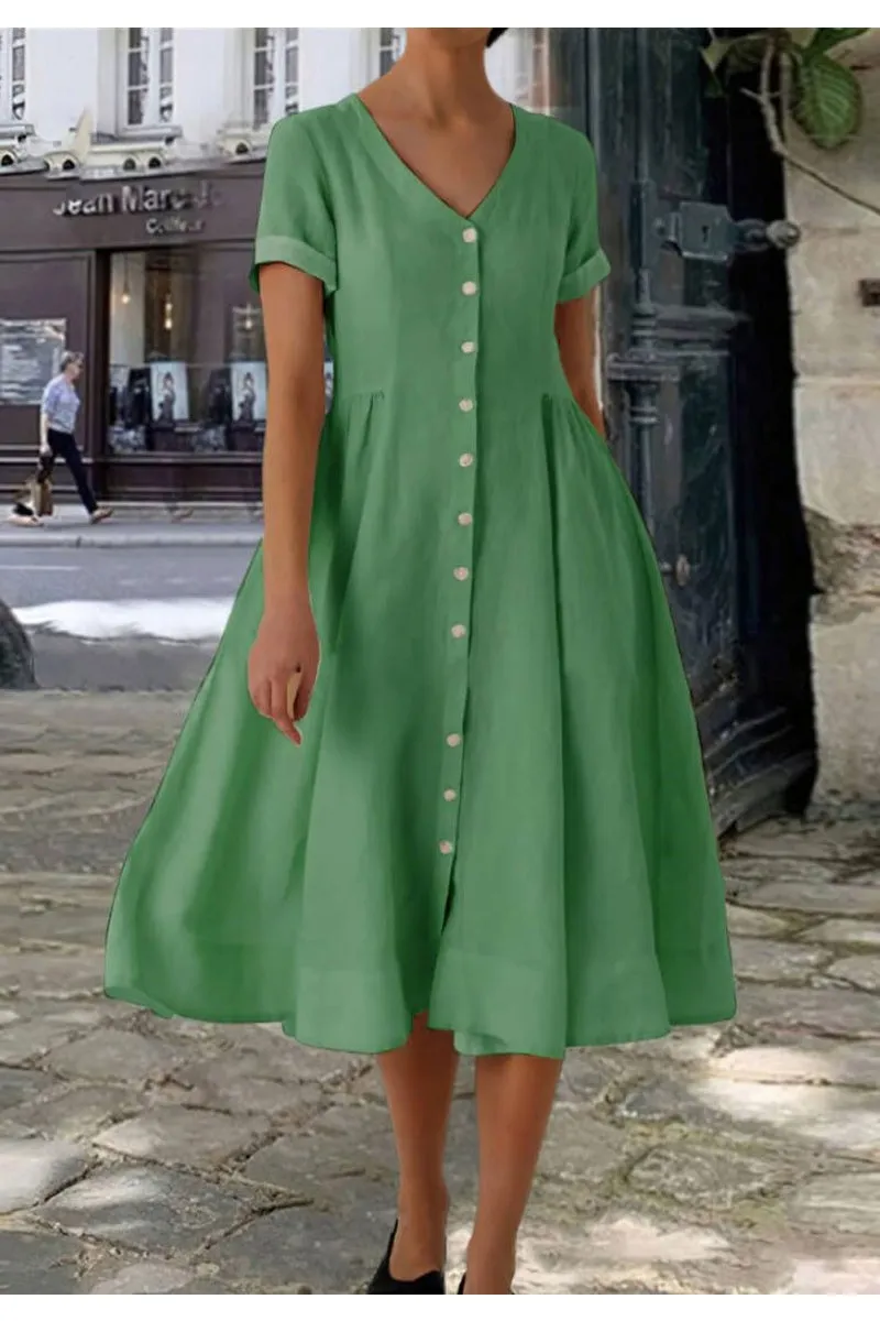 Chouyatou Women's Summer Fit and Flare Swing Cotton Dress Casual V-Neck Button Down Beach Midi Dress