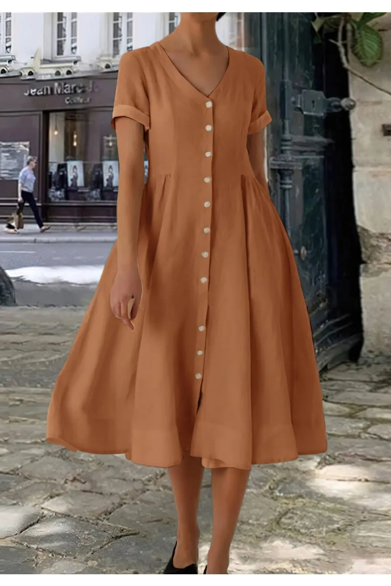 Chouyatou Women's Summer Fit and Flare Swing Cotton Dress Casual V-Neck Button Down Beach Midi Dress