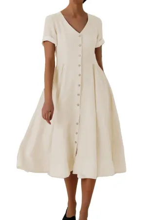 Chouyatou Women's Summer Fit and Flare Swing Cotton Dress Casual V-Neck Button Down Beach Midi Dress