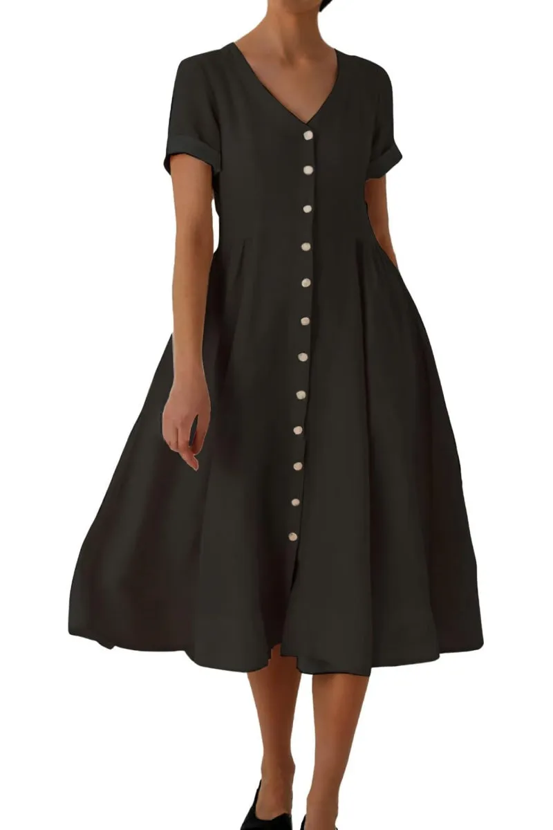 Chouyatou Women's Summer Fit and Flare Swing Cotton Dress Casual V-Neck Button Down Beach Midi Dress