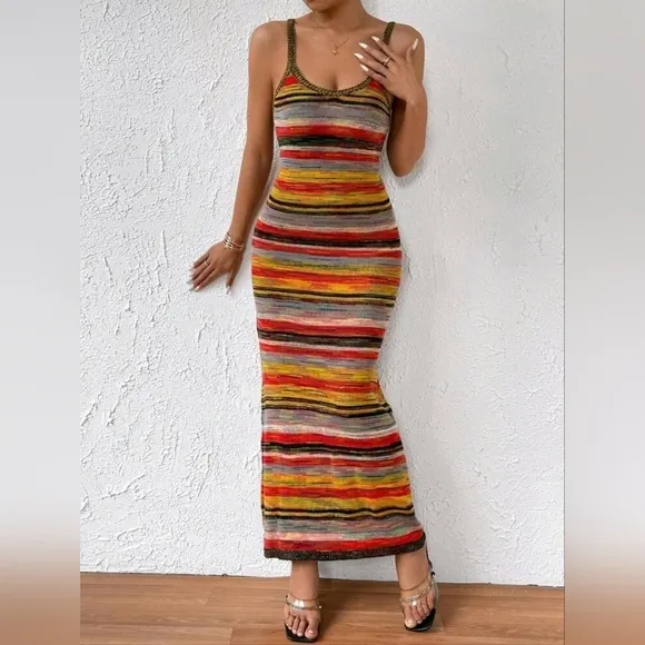 Colorful Striped Pattern Cami Sweater Maxi Dress