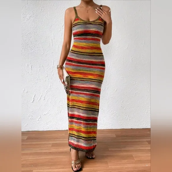 Colorful Striped Pattern Cami Sweater Maxi Dress