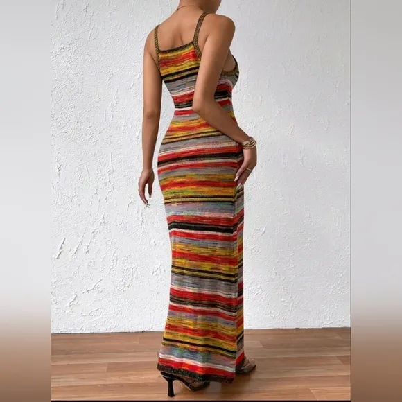 Colorful Striped Pattern Cami Sweater Maxi Dress