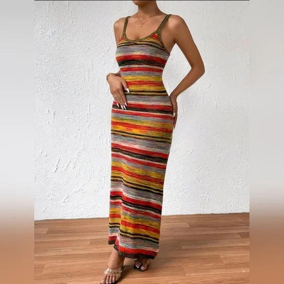 Colorful Striped Pattern Cami Sweater Maxi Dress