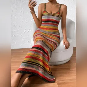 Colorful Striped Pattern Cami Sweater Maxi Dress