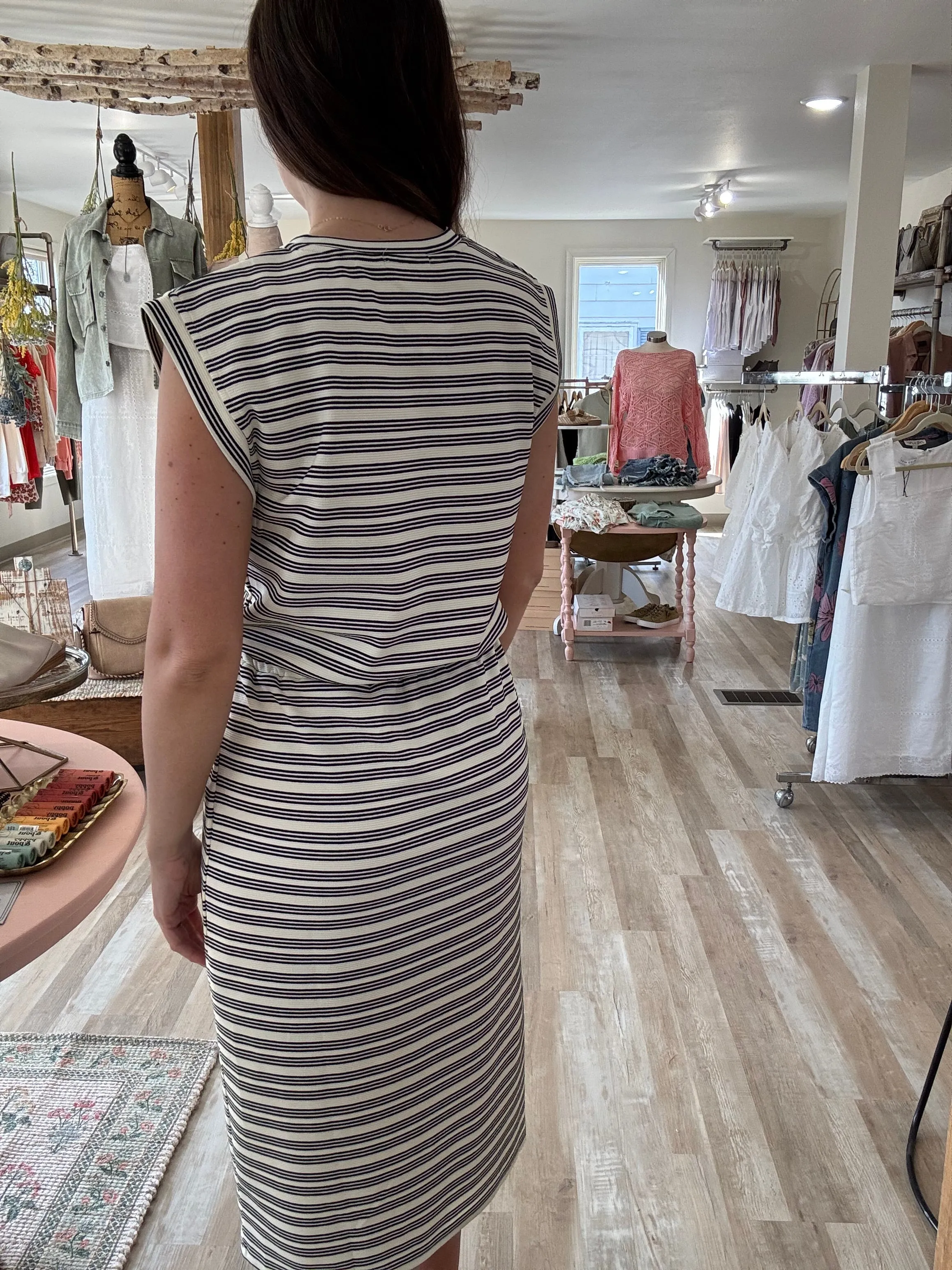 cream black stripe midi dress