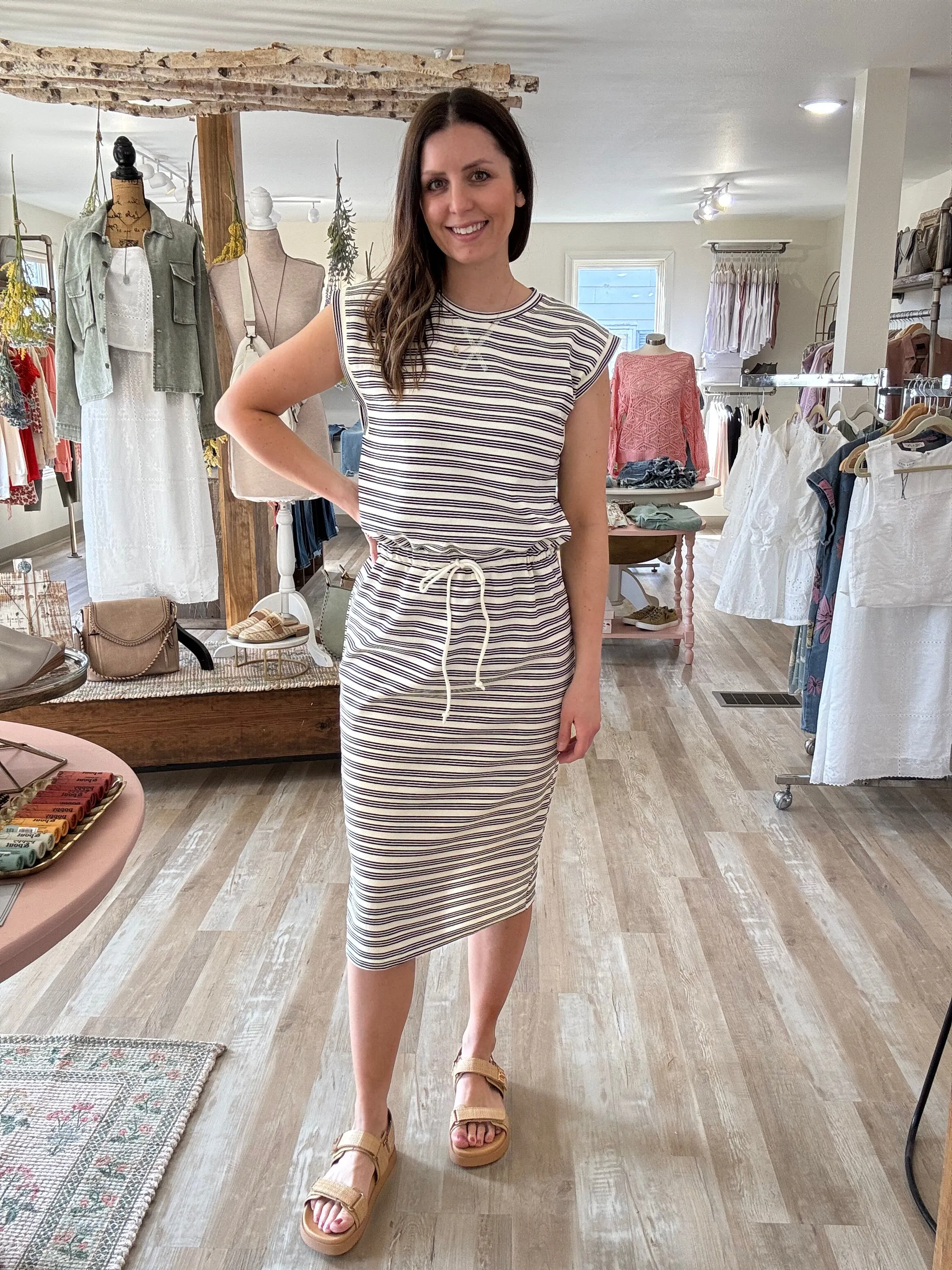cream black stripe midi dress
