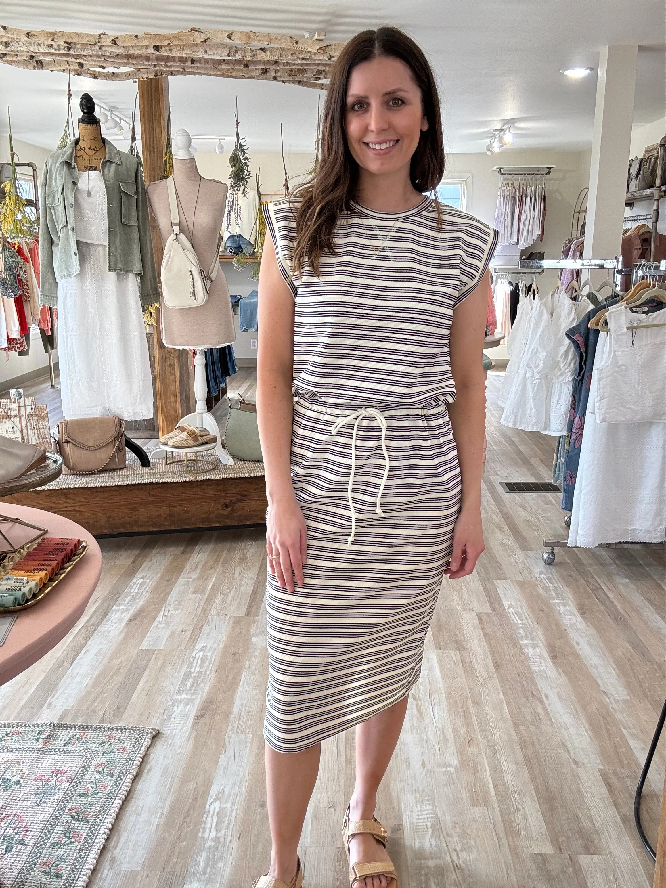 cream black stripe midi dress
