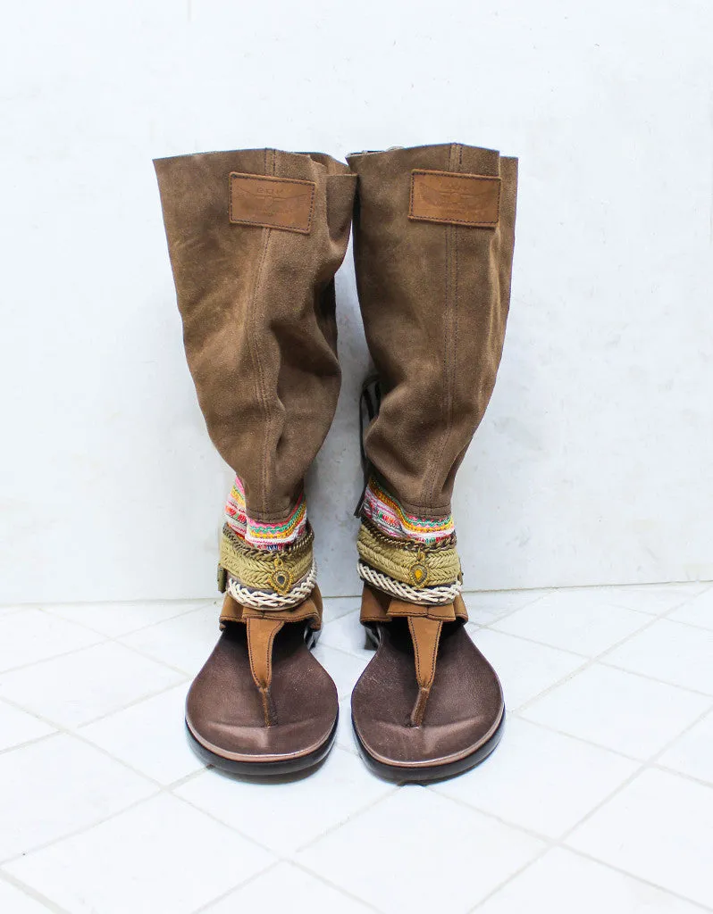 Custom Made Boho High Boot Sandals in Brown | SIZE 41