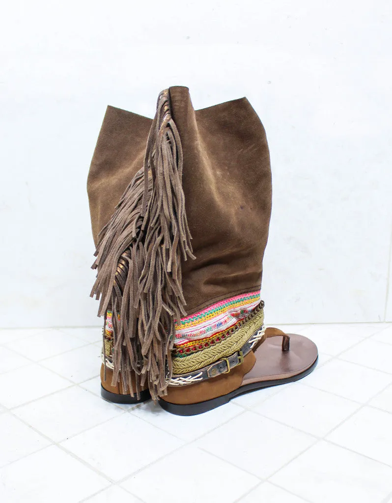 Custom Made Boho High Boot Sandals in Brown | SIZE 41
