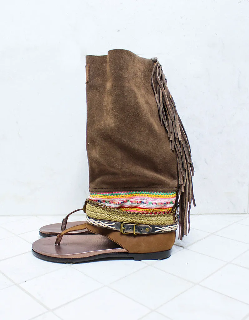 Custom Made Boho High Boot Sandals in Brown | SIZE 41
